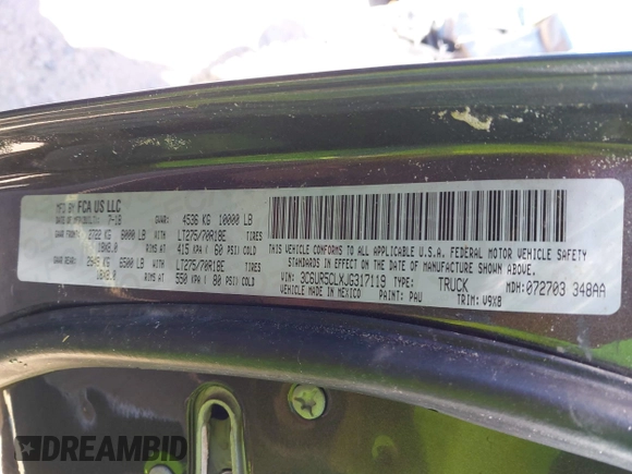 2018 Ram 2500 Tradesman с VIN 3C6UR5CLXJG317119, выставлен на аукционе IAAI как лот 42318723 с пробегом Не указан миль и . История ставок и продаж доступна на DreamBid. Изображение 9.