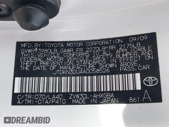 2010 Toyota Prius II z VIN JTDKN3DU4A0058526, wystawiony jako IAAI lot #41150690 z przebiegiem 138 971 mil mil oraz . Historia ofert i sprzedaży dostępna na DreamBid. Obrazek 9.