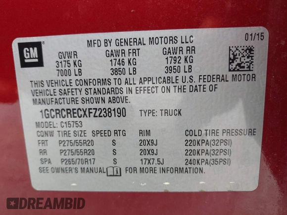 2015 Chevrolet Silverado 1500 LT with VIN 1GCRCRECXFZ238190, listed as a IAAI auction lot 42056318 with 102,040 mi miles. Bid and sale history available at carsss.com. Image 9.