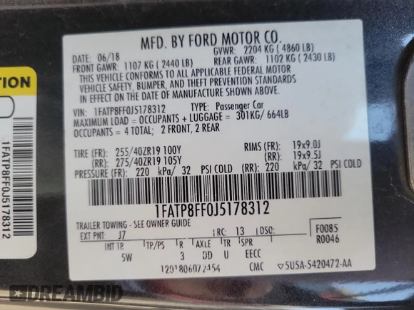 2018 Ford Mustang GT Premium with VIN 1FATP8FF0J5178312, listed as a Copart auction lot 50908785 with 54,660 mi miles and Salvage title. Bid and sale history available at DreamBid. Image 10.