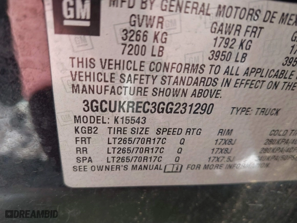 2016 Chevrolet Silverado 1500 LT with VIN 3GCUKREC3GG231290, listed as a IAAI auction lot 40113464 with 160,109 mi miles. Bid and sale history available at carsss.com. Image 9.