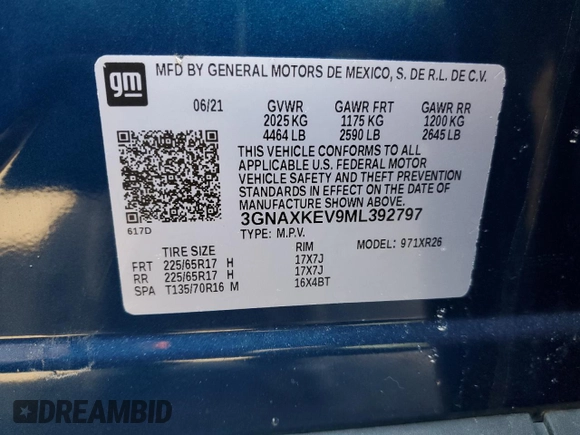 2021 Chevrolet Equinox LT with VIN 3GNAXKEV9ML392797, listed as a Copart auction lot 48789045 with 47,156 mi miles and Salvage Title. Bid and sale history available at DreamBid. Image 13.
