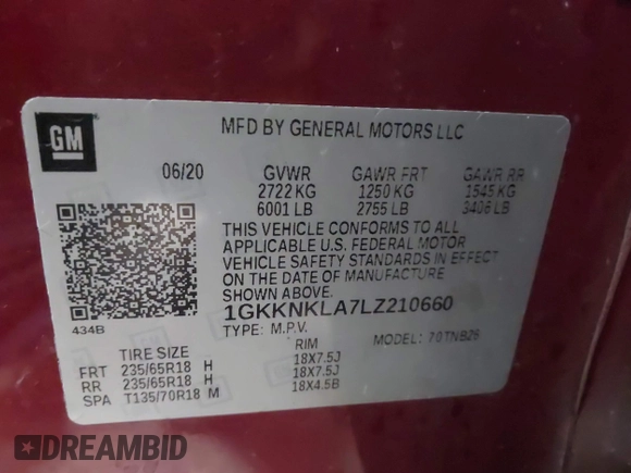2020 GMC Acadia SLE with VIN 1GKKNKLA7LZ210660, listed as a IAAI auction lot 41374358 with 59,083 mi miles and . Bid and sale history available at carsss.com. Image 9.