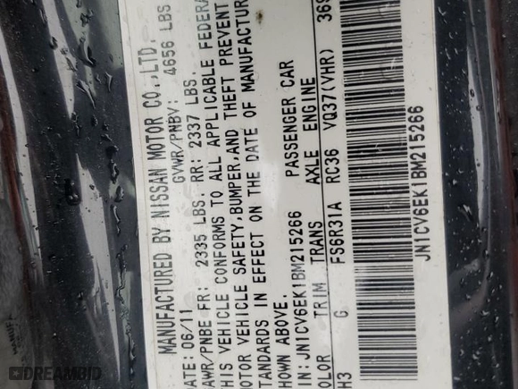 2011 Infiniti G37 Coupe Journey with VIN JN1CV6EK1BM215266, listed as a Copart auction lot 48974635 with 0 mi miles and Salvage Title. Bid and sale history available at carsss.com. Image 12.