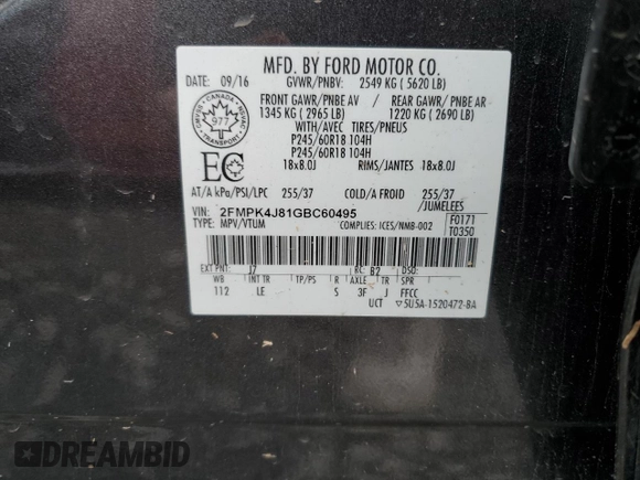 2016 Ford Edge SEL z VIN 2FMPK4J81GBC60495, wystawiony jako Copart lot #55760185 z przebiegiem 103 420 mil mil oraz Nie do naprawy • Non repairable. Historia ofert i sprzedaży dostępna na DreamBid. Obrazek 13.