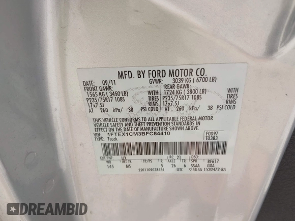 2011 Ford F-150 XL with VIN 1FTEX1CM3BFC84410, listed as a IAAI auction lot 41825309 with 233,666 mi miles. Bid and sale history available at carsss.com. Image 9.