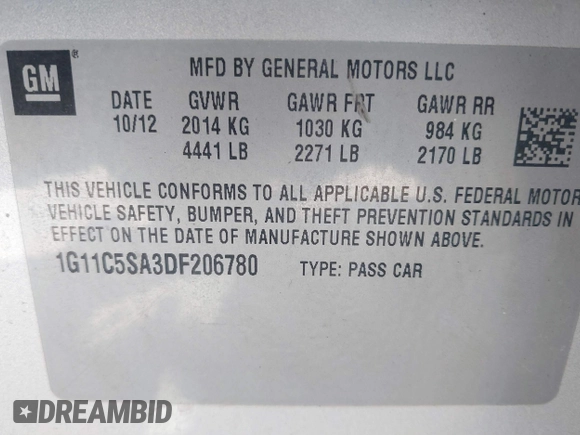 2013 Chevrolet Malibu LT with VIN 1G11C5SA3DF206780, listed as a IAAI auction lot 41769028 with 140,670 mi miles and . Bid and sale history available at DreamBid. Image 9.