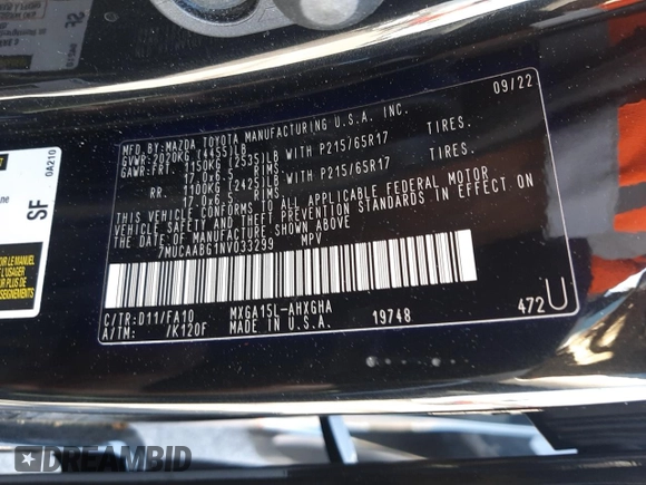 2022 Toyota Corolla Cross LE with VIN 7MUCAABG1NV033299, listed as a Copart auction lot 58018825 with 28,138 mi miles and Salvage title. Bid and sale history available at DreamBid. Image 14.