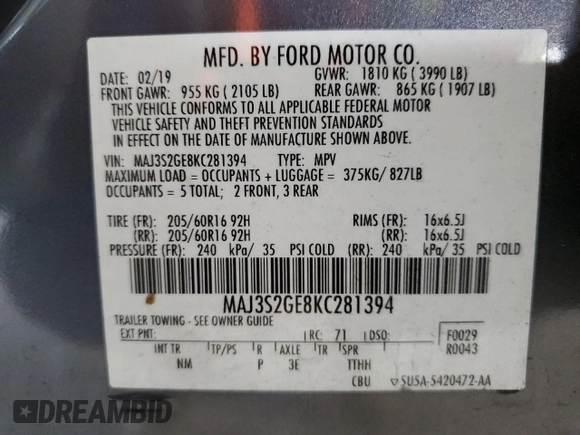 2019 Ford EcoSport SE with VIN MAJ3S2GE8KC281394, listed as a Copart auction lot 50930305 with 90,488 mi miles and Salvage Title. Bid and sale history available at DreamBid. Image 12.