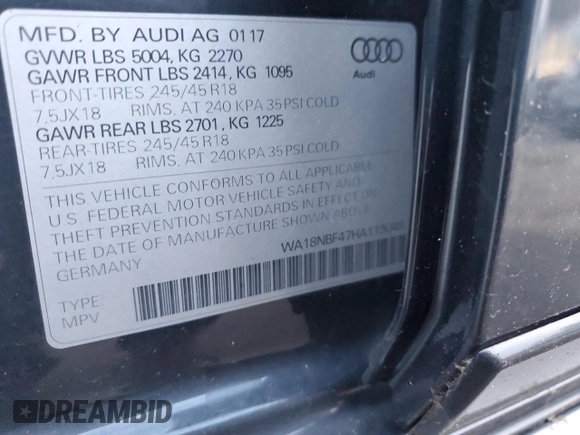 2017 Audi allroad A4 Premium Plus with VIN WA18NBF47HA113048, listed as a Copart auction lot 87935685 with 76,302 mi miles and Salvage Title. Bid and sale history available at DreamBid. Image 12.