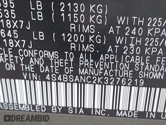 2019 Subaru Outback Limited z VIN 4S4BSANC2K3276219, wystawiony jako IAAI lot #42198187 z przebiegiem 130 910 mil mil oraz . Historia ofert i sprzedaży dostępna na DreamBid. Obrazek 9.
