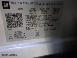 2021 Chevrolet Equinox LT with VIN 3GNAXJEV7MS121446, listed as a IAAI auction lot 41994466 with 69,550 mi miles. Bid and sale history available at carsss.com. Image 1.