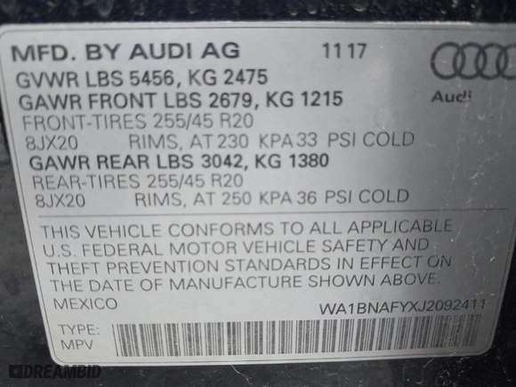 2018 Audi Q5 Premium Plus with VIN WA1BNAFYXJ2092411, listed as a IAAI auction lot 41051336 with 54,595 mi miles. Bid and sale history available at carsss.com. Image 9.