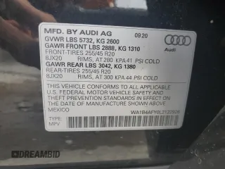 2020 Audi SQ5 Premium Plus with VIN WA1B4AFY0L2122926, listed as a Copart auction lot 60039833 with 25,501 mi miles. Bid and sale history available at carsss.com. Image 13.