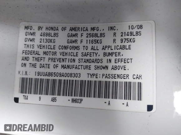 2009 Acura TL Tech with VIN 19UUA86509A008303, listed as a IAAI auction lot 41076598 with 253,434 mi miles. Bid and sale history available at carsss.com. Image 9.
