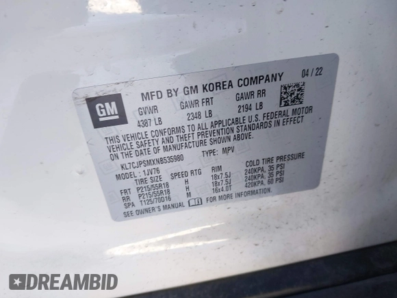 2022 Chevrolet Trax LT with VIN KL7CJPSMXNB535980, listed as a IAAI auction lot 41301578 with 35,103 mi miles. Bid and sale history available at carsss.com. Image 9.
