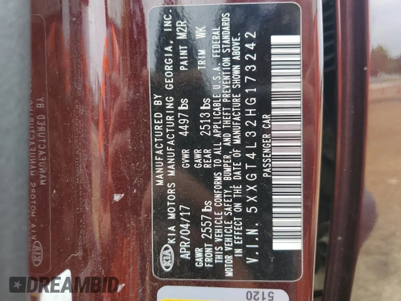 2017 Kia Optima LX with VIN 5XXGT4L32HG173242, listed as a Copart auction lot 56194635 with Not provided miles and Salvage title. Bid and sale history available at DreamBid. Image 12.