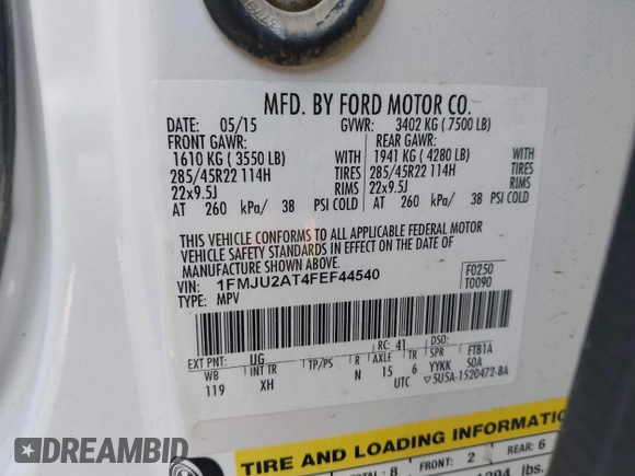 2015 Ford Expedition Limited with VIN 1FMJU2AT4FEF44540, listed as a IAAI auction lot 41771200 with 130,744 mi miles and . Bid and sale history available at DreamBid. Image 9.
