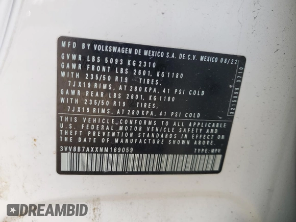 2022 Volkswagen Tiguan SE R-Line Black with VIN 3VV8B7AXXNM169059, listed as a Copart auction lot 45700025 with 46,191 mi miles and Salvage Title. Bid and sale history available at DreamBid. Image 13.