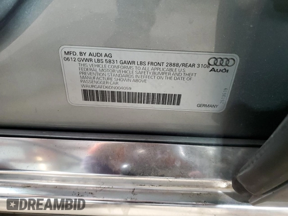 2013 Audi A8 3.0L with VIN WAURGAFD6DN004059, listed as a Copart auction lot 51054525 with 162,675 mi miles and Clean title. Bid and sale history available at DreamBid. Image 12.