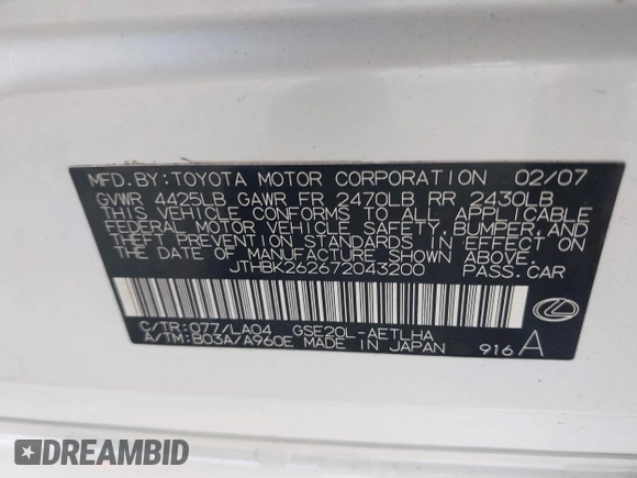 2007 Lexus IS 250 with VIN JTHBK262672043200, listed as a IAAI auction lot 42612618 with 139,241 mi miles and . Bid and sale history available at DreamBid. Image 9.