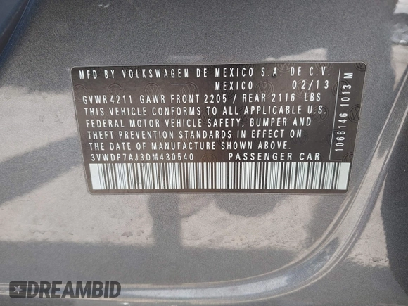 2013 Volkswagen Jetta SE z VIN 3VWDP7AJ3DM430540, wystawiony jako IAAI lot #42131097 z przebiegiem 121 838 mil mil oraz . Historia ofert i sprzedaży dostępna na DreamBid. Obrazek 9.