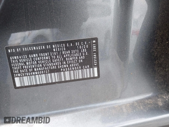 2021 Volkswagen Jetta S z VIN 3VWC57BU4MM009727, wystawiony jako IAAI lot #42339309 z przebiegiem 52 395 mil mil oraz . Historia ofert i sprzedaży dostępna na DreamBid. Obrazek 9.