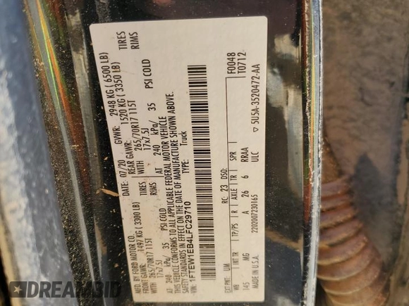 2020 Ford F-150 XL z VIN 1FTEW1EB4LFC29710, wystawiony jako Copart lot #52036025 z przebiegiem Nie podano mil oraz Szkoda całkowita • Salvage title. Historia ofert i sprzedaży dostępna na DreamBid. Obrazek 14.