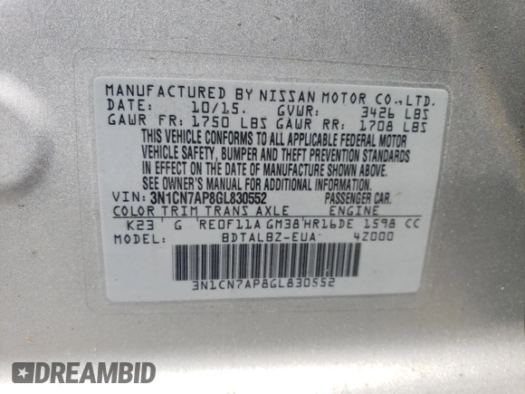 2016 Nissan Versa SV with VIN 3N1CN7AP8GL830552, listed as a Copart auction lot 52858135 with 127,875 mi miles and Salvage Title. Bid and sale history available at DreamBid. Image 12.