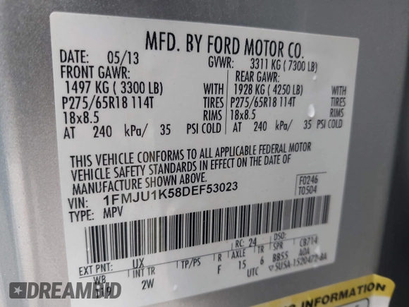 2013 Ford Expedition Limited с VIN 1FMJU1K58DEF53023, выставлен на аукционе IAAI как лот 41719645 с пробегом 113 824 миль миль и . История ставок и продаж доступна на DreamBid. Изображение 9.