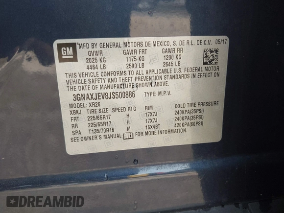 2018 Chevrolet Equinox LT with VIN 3GNAXJEV8JS500886, listed as a IAAI auction lot 42388622 with 135,931 mi miles and . Bid and sale history available at DreamBid. Image 9.