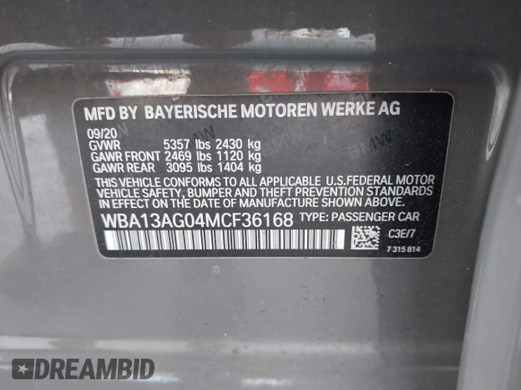 2021 BMW 5 Series 530e with VIN WBA13AG04MCF36168, listed as a IAAI auction lot 42256325 with 71,211 mi miles and . Bid and sale history available at DreamBid. Image 9.