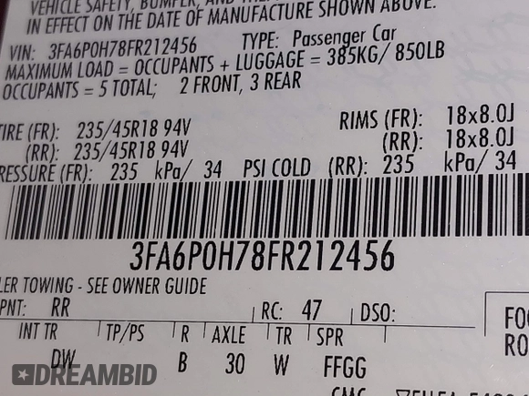 2015 Ford Fusion SE with VIN 3FA6P0H78FR212456, listed as a IAAI auction lot 41110843 with 97,535 mi miles and . Bid and sale history available at DreamBid. Image 9.