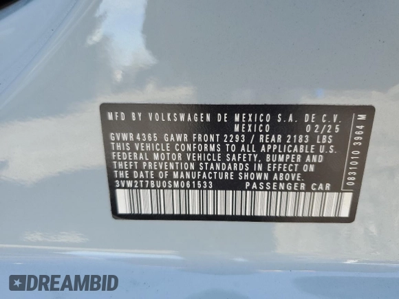 2025 Volkswagen Jetta GLI Autobahn with VIN 3VW2T7BU0SM061533, listed as a Copart auction lot 54275155 with 175 mi miles and Salvage title. Bid and sale history available at DreamBid. Image 12.