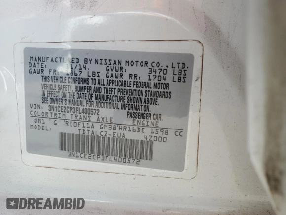 2015 Nissan Note SV with VIN 3N1CE2CP3FL400572, listed as a Copart auction lot 54772375 with 164,038 mi miles and Salvage Title. Bid and sale history available at DreamBid. Image 12.