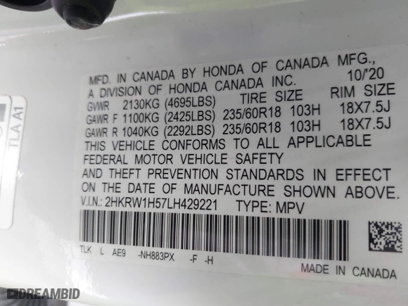 2020 Honda CR-V EX with VIN 2HKRW1H57LH429221, listed as a IAAI auction lot 41543903 with 80,151 mi miles. Bid and sale history available at carsss.com. Image 9.