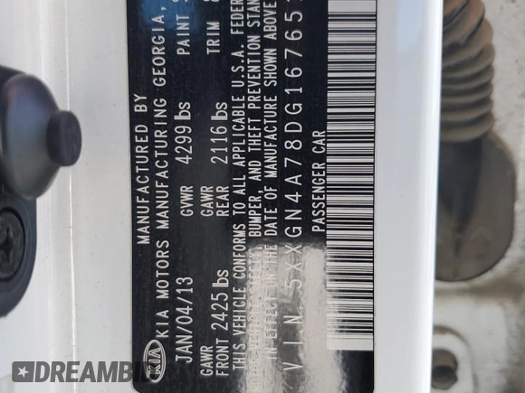 2013 Kia Optima EX with VIN 5XXGN4A78DG167651, listed as a Copart auction lot 49806335 with 122,285 mi miles and Salvage Title. Bid and sale history available at carsss.com. Image 13.
