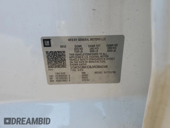 2018 GMC Yukon SLT with VIN 1GKS1BKC6JR384246, listed as a Copart auction lot 86987634 with 0 mi miles and Salvage Title. Bid and sale history available at carsss.com. Image 13.