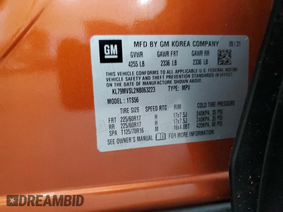 2022 Chevrolet TrailBlazer ACTIV with VIN KL79MVSL2NB063223, listed as a Copart auction lot 67947704 with 34,799 mi miles and Salvage Title. Bid and sale history available at DreamBid. Image 13.