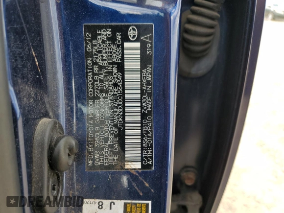 2012 Toyota Prius One with VIN JTDKN3DU0C1564349, listed as a Copart auction lot 54933595 with 241,516 mi miles and Non Repairable. Bid and sale history available at DreamBid. Image 12.