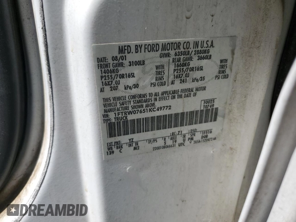 2001 Ford F-150 XLT with VIN 1FTRW07651KC49772, listed as a Copart auction lot 59904815 with 145,639 mi miles and Salvage title. Bid and sale history available at DreamBid. Image 12.