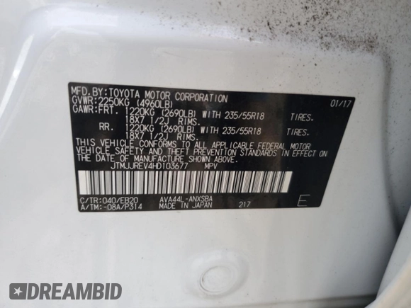 2017 Toyota RAV4 SE with VIN JTMJJREV4HD103677, listed as a Copart auction lot 62130795 with 179,588 mi miles and Clean title. Bid and sale history available at DreamBid. Image 12.