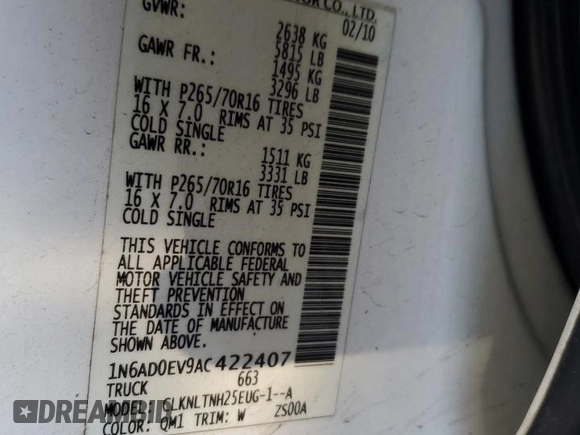 2010 Nissan Frontier LE with VIN 1N6AD0EV9AC422407, listed as a Copart auction lot 87938905 with 164,025 mi miles and Salvage title. Bid and sale history available at DreamBid. Image 14.