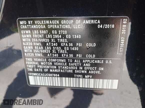 2018 Volkswagen Atlas SEL Premium with VIN 1V2NR2CA2JC567904, listed as a IAAI auction lot 42405371 with 113,662 mi miles and . Bid and sale history available at DreamBid. Image 9.