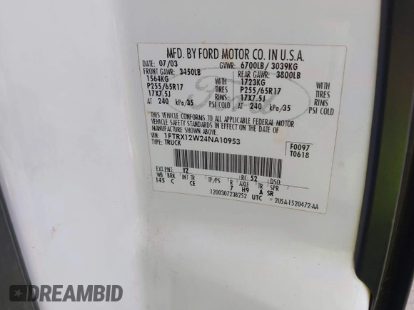 2004 Ford F-150 STX с VIN 1FTRX12W24NA10953, выставлен на аукционе IAAI как лот 42763234 с пробегом 262 484 миль миль и . История ставок и продаж доступна на DreamBid. Изображение 9.