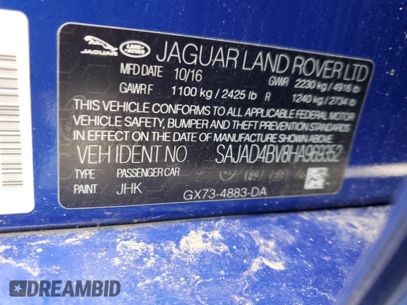 2017 Jaguar XE 35t Premium with VIN SAJAD4BV8HA969352, listed as a Copart auction lot 45510005 with 39,795 mi miles and Salvage Title. Bid and sale history available at DreamBid. Image 12.
