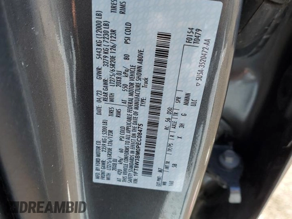 2023 Ford F-350 XL with VIN 1FT8W3BM0PEC08475, listed as a Copart auction lot 43587265 with 38,805 mi miles and Salvage title. Bid and sale history available at DreamBid. Image 12.