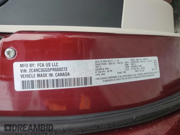 2023 Chrysler Pacifica Limited with VIN 2C4RC3GG5PR600273, listed as a Copart auction lot 46516335 with 34,057 mi miles and Non repairable. Bid and sale history available at DreamBid. Image 13.