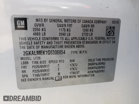 2016 GMC Terrain SLE with VIN 2GKALMEK1G6306854, listed as a Copart auction lot 51112835 with 64,582 mi miles and Salvage Title. Bid and sale history available at carsss.com. Image 13.