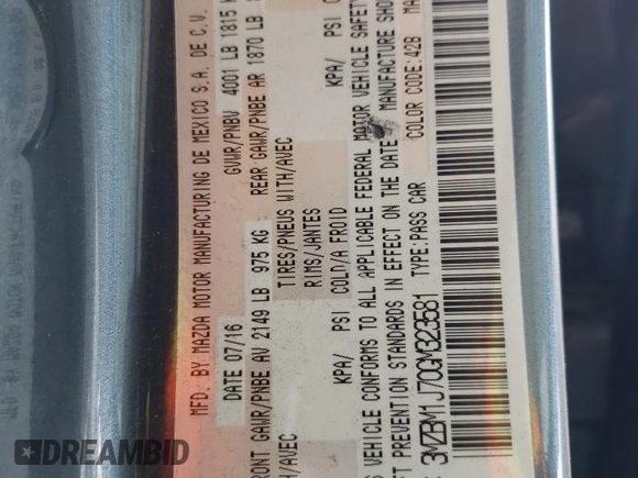 2016 Mazda 3 i Sport with VIN 3MZBM1J70GM323581, listed as a Copart auction lot 49866765 with 147,653 mi miles and Salvage Title. Bid and sale history available at DreamBid. Image 13.